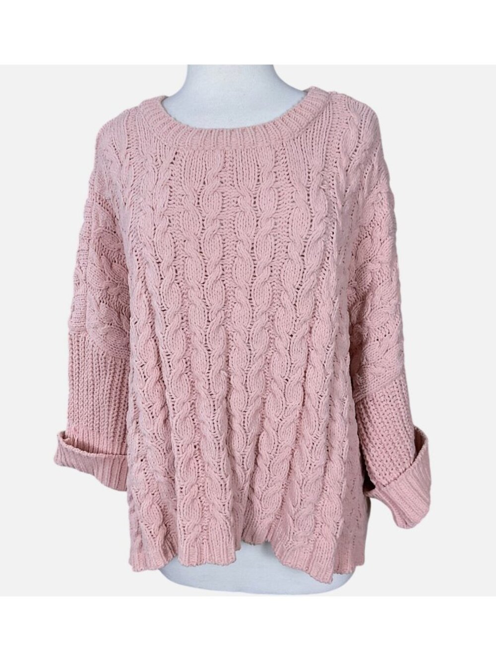 25 South 3/4 Cuff Sleeves Chunky Cable Knit Oversized Pink Sweater LG Rib Trim